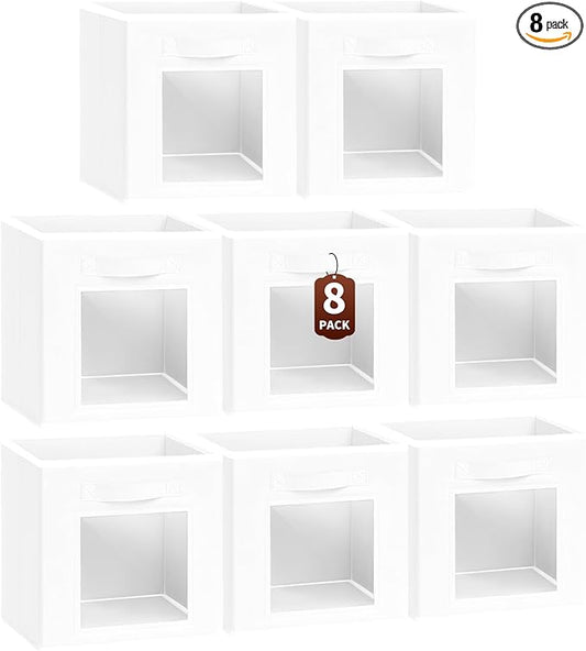 Homsorout Storage Cube 11 Inch - Cube Storage Bins with Window, Closet Storage Baskets with Handle, Fabric Bins for Closet, Shelves, Toys, Clothes, Set of 8, White
