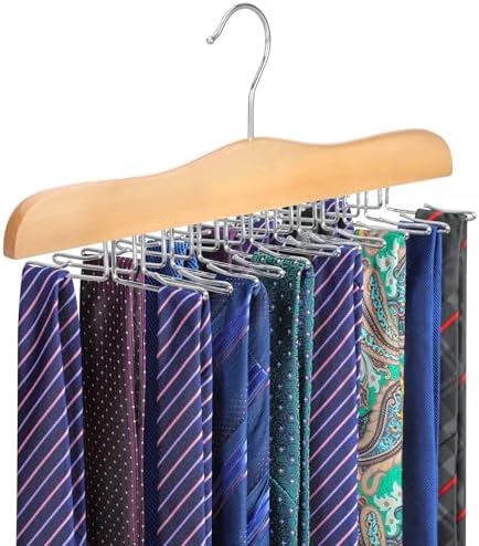 TOPIA HANGER Tie Rack Hanger for Closet, Wooden Tie Organizer for Men with 24 Folding Hooks, Space Saving Necktie Holder for Storage and Display Bra, Tank Top, Camisole (1-Pack), Natural- CT14N by TOPIAHANGER
