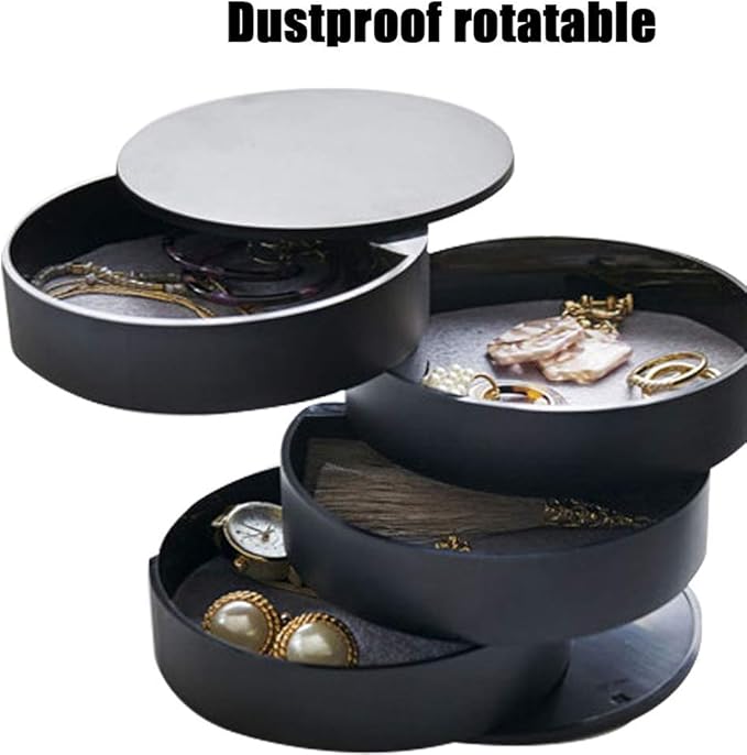 TIMESETL Jewelry Organizer, Small Jewelry Storage Box Earring Holder for Women, 4-Layer Rotating Travel Jewelry Tray Case with Lid for Bracelets Rings Bracelets - Black