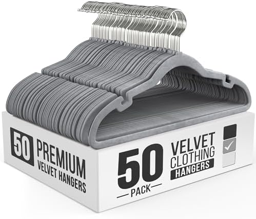 Our Modern Space 50 Pack Velvet Hanger for Shirt Pants Dresses Skirts Suits Jackets - Slim Space Saving Design - Standard Coat Hanger - Sturdy & Durable Design with Shoulder Grooves Hook by OurModernSpace