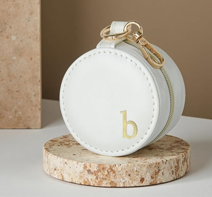 COLLECTIVE HOME - Monogrammed Letter Jewelry Case, Portable Travel Ring Holder Box with Keychain, Personalized Initial Organizer for Earrings Necklaces, Gift for Her (White-b)