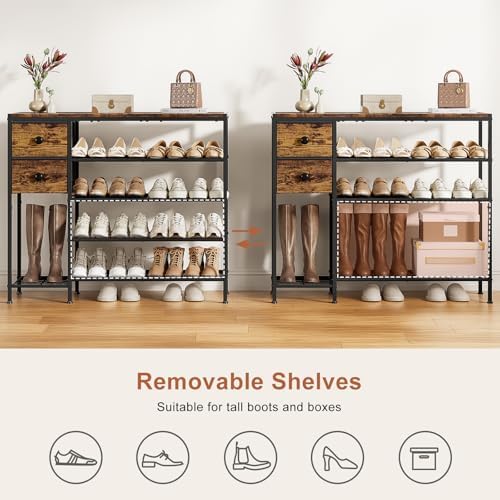 5-Tier Shoe Rack, Side Mesh & 2 Drawers for Closet Rustic Brown - Image 5