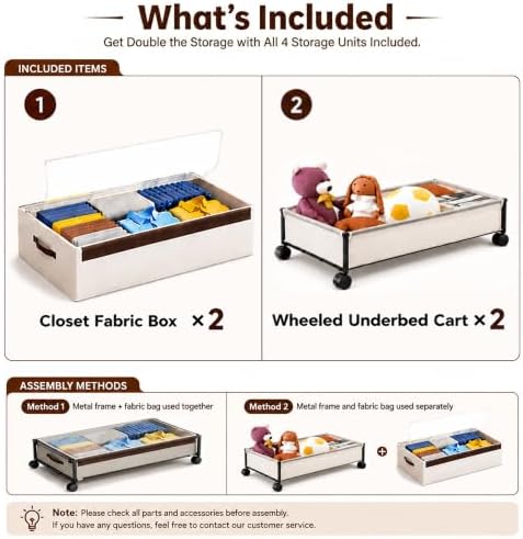 OMAIRA Under Bed Storage with Wheels, 2-Pack Splittable into 4-Pack, Easy Hook-and-Loop Assembly, Underbed Shoe Storage Organizer with Clear Lids & Rolling Drawers for Clothes, Shoes & Toys - Image 4