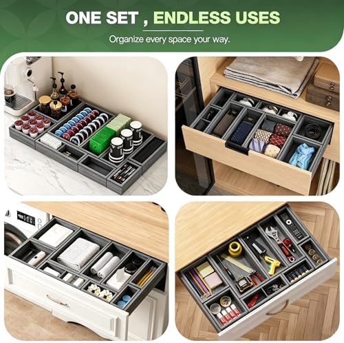 9-Pack Solid Wood Junk Drawer Organizer, Modular Desk Drawer Tray & Accessories with Non-Slip Pad, Multi-Use for Kitchen, Office, Bedroom Dresser, Utensil, Makeup, Stationery, Tea Bags & Coffee Pod - Image 6
