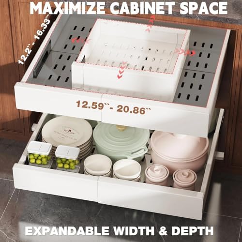 Seinloes Pull Out Cabinet Organizer,4-Side Expandable to Maximize Cabinet Space,Slide Out Drawers with 3 Rail Design,Roll Out Shelf with Raising Pad for Framed Cabinet,13"-21"W x 13"-17"D,White,2 Pack - Image 2