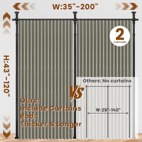 100% Blackout Room Divider Curtains Sets Grey 2 Panels W100 x L96in No Drill Curtain Rods(H) 43-120×(W) 35-200 in for Bedroom Privacy Partition Separator - Image 2