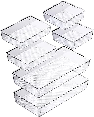 3 Pack Clear Plastic Drawer Organizer Tray Cutlery Utensil Makeups Drawer Silverware Organizers 12" X 6"… (6P(6X6+6X9+6X15)) by ihomecooker
