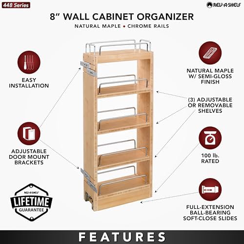 Rev-A-Shelf 8" Pullout Storage Organizer for Wall Kitchen Cabinets, Sliding Adjustable Shelves for Spice Rack or Cans, Wood and Chrome, 448-WC-8C - Image 5