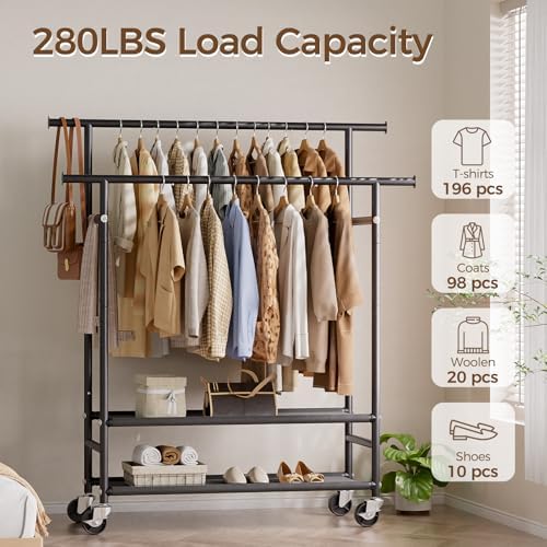 HYSEYY Clothes Rack,Double Rods Rolling Clothing Rack for Hanging Clothes,Portable Garment Rack with 2-Tier Storage Shelves,Free Standing Wardrobe Closet Coat Rack on wheels for Bedroom,Laundry Room - Image 2