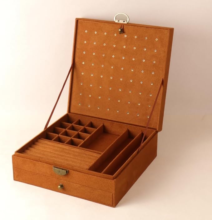 Women Jewelry Box Lockable 3 Layers Large Jewelry Organizer Storage Case for Earrings Necklaces Rings Bracelets,Green Display Jewel Holder (Caramel)