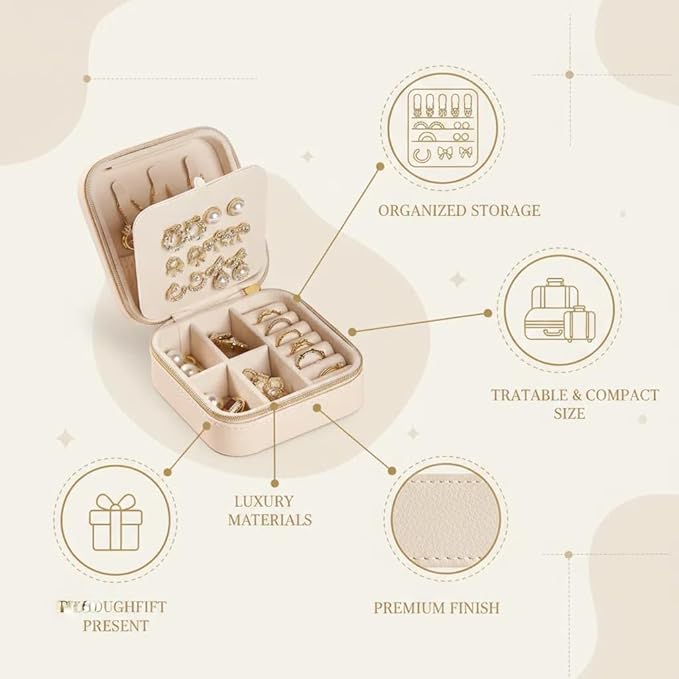 Travel Jewelry Box, PU Leather Small Jewelry Organizer for Women Girls, Portable Mini Travel Case Display Storage Holder Boxes for Stud Earrings, Rings, Necklaces (Apricot color)