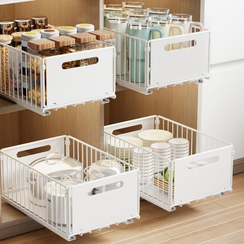 Mustorn 2 Pack Pull Out Cabinet Organizer, Slide Out Drawers for Cabinets, Peel and Stick, Heavy Duty Shelves for Kitchen, Cupboard, Pantry, Bathroom (14.76" D*9.65" W*7.87" H-White) by MUSTORN