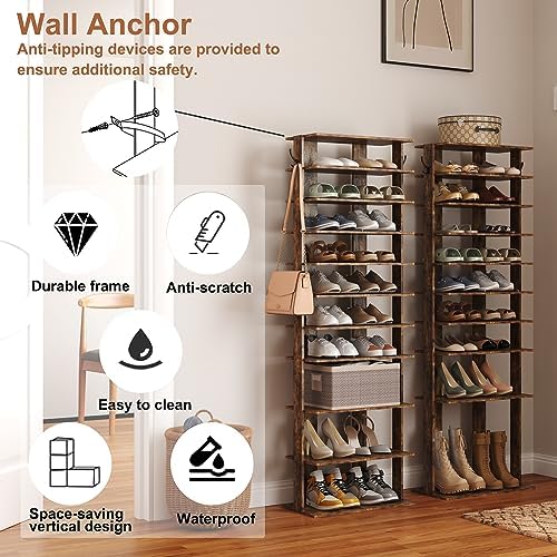 HOMEFORT 10-Tier Vertical Shoe Rack, Corner Shoe Tower, Double Rows 10 Tiers Shoe Shelf, Slim Shoe Storage Unit for 20 Pairs of Shoes, Shoe Stand for Entryway, Hallway, Closet (Rustic Brown) - Image 4