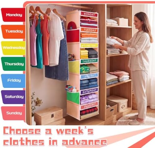 Amylove 2 Pcs 7 Shelf Weekly Clothes Organizer for Kids Hanging Closet Organizer 11. 8 x 11. 8 x 50 Inch Daily Activity Kids Clothes Storage Drawers Cube Drawers Closet Hanging Shelves(Orange Pink) - Image 7