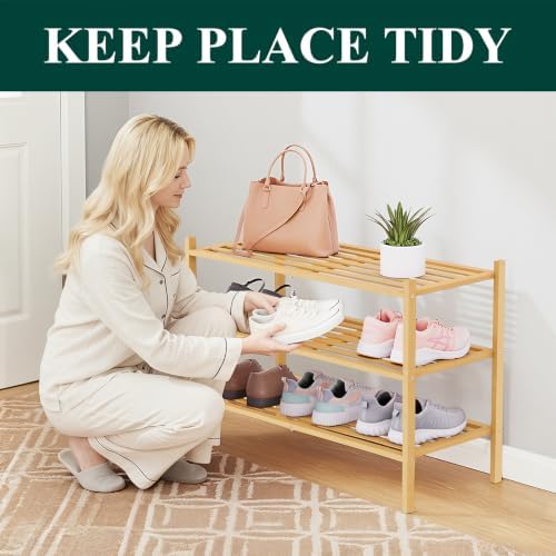 Smiry Bamboo Shoe Rack, 5 Horizontal Slats, 3 Tier - 26.8" Wide, Natural - Image 3