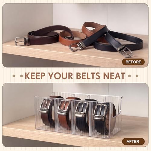 Junkin 2 Pcs Acrylic Belt Organizer with Adjustable 4 Compartments Clear Stackable Belt Holder for Men Leather Belts Storage Box for Closet Drawer Organization Multi-Purpose Display Bin with Inserts - Image 5