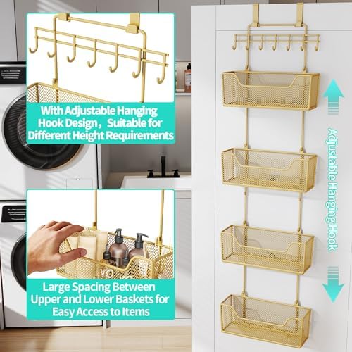 HapiRm Over The Door Organizer - Hanging Door Organizer with 4 Metal Large Capacity Baskets and Adjustable Coat Hook for Bathroom Bedroom Kitchen Pantry Closet Cabinet - Image 5