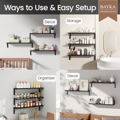 BAYKA Wall Mounted Floating Shelves, Wood Floating Wall Shelf for Books & Decor, Small Space-Saving Display & Organizer（Black，23in，Set of 3） - Image 4