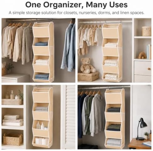 4-Shelf Hanging Closet Organizer and Storage, Fabric Storage Bins Bedroom Organization with Mesh Pockets, Collapsible Hanging Shelves Wardrobe Organization for Home, Dorm, Rv (Beige) - Image 4