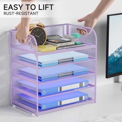 5-Tier Stackable Paper Organizer with Handle, Purple - Image 3