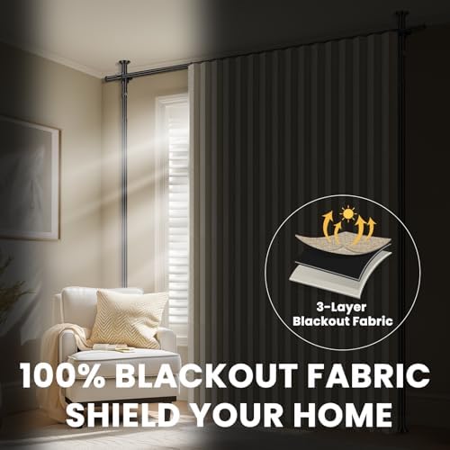 100% Blackout Room Divider Curtains Sets Beige W100 x L96 in,2 Panels Curtain Rods No Drilling Adjustable Tension (H) 43-120×(W) 35-200 in for Bedroom Privacy Partition Separator - Image 5