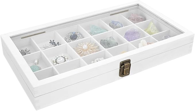 MOOCA Wooden Display Storage Case with Tempered Glass Lid for Jewelry and Beads with 18 Compartments Tray, 15 W x 8 3/8 L x 2 1/8 H in, Wash White Color