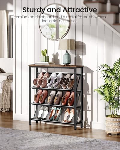 CHOEZON Shoe Rack, 4-Tier Slanted Shoe Storage Shelf, Narrow Shoe Rack for Entryway, Shoe Organizer with Adjustable Feet, Slim Shoe Shelf with Wooden Top and Metal Frame Rustic Brown and Black TXJ75BF - Image 4