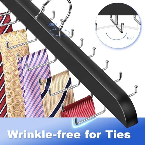 RESOVO Upgraded Tie Rack Hanger with 20 Foldable Metal Hooks, Space Saving Necktie Organizer for Men – Large Capacity Tie and Belt Wooden Hanger for Closet - Black 2 Pack - Image 5