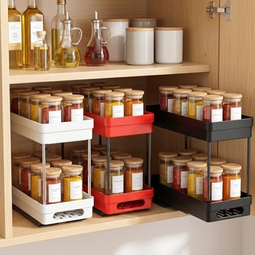 3 Pack Pull Out Spice Rack Organizer for Cabinet, Slide Out Spice Racks Organizer, Spice Cabinet Organizers, Cabinet Size Need:12'' Highx11'' Deepx5'' Wide,Each Tier Hold 10 Spice Jar- 2 Tier,3 Colors by DABIGE