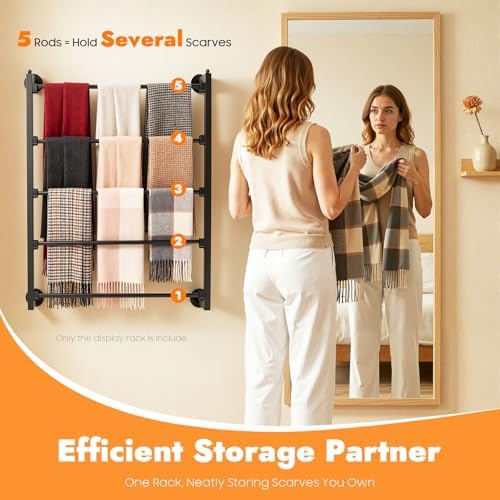 5 Tier Wall Mounted Tie Rack Scarf Display Stand Belt Pants Hangers Scarves Hijab Stand, Towel Rack Ribbon Holder,Wrapping Paper Spool Storage for Retail,Store (Black, 5 Tier 23.6x29.5in) - Image 2