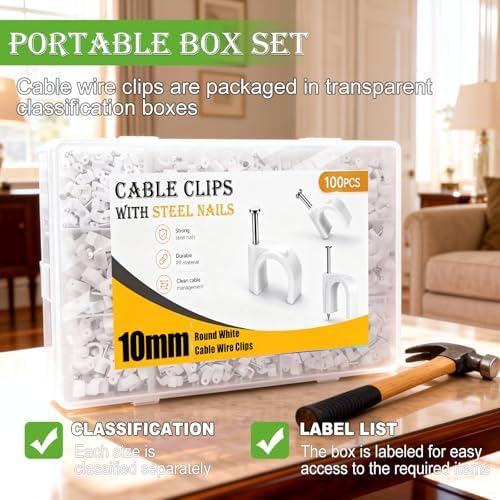 mxuteuk 100PCS Cable Clips with Steel Nails,10mm Round White Cable Wire Clips,Wall Clips for Cords,Cable Cord Clips for RG6 RG59 CAT6 RJ45 - Image 4