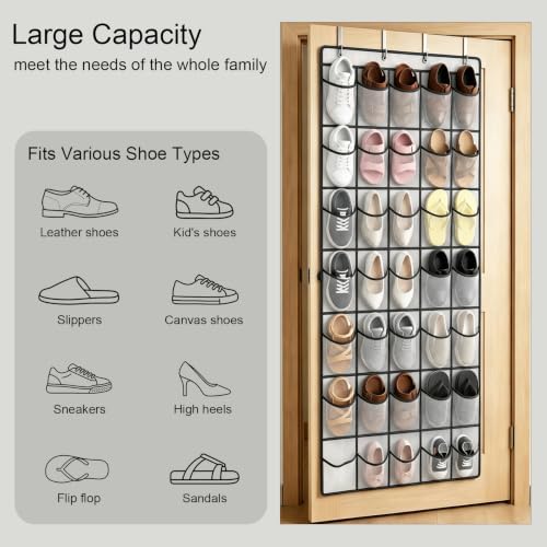 35 Pockets Over The Door Shoe Organizer, Large Breathable Mesh Hanging Shoe Rack with 4 Metal Hooks, Space Saving White Over Door Shoe Storage Holder Mesh Bag for Closet Entryway Bedroom Pantry - Image 2