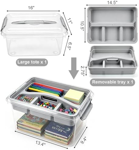 Yesland Portable Craft Storage Box with Removable Tray and Handle, 16x11x6.5 Inch Plastic Art Supply Organizer Container for Stationery, Sewing, Jewelry - Grey (Pack of 3) - Image 2
