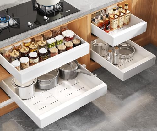 Seinloes 4 Pack Expandable Pull Out Cabinet Organizer 21"Deep With Raising Pad for Framed Cabinets,Upgrade 3 Slide Rails Slide Out Drawers,No Drill Roll Out Shelves,Adjustable Width 12.1"-20.4" White by Seinloes