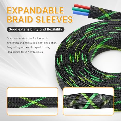 Braided Cable Sleeve, 33ft Expandable Wire Loom for Automotive Wiring Harness & PC Case, Pet-Proof Chew Resistant Cord Protector, Flexible Cable Management (Black-UV Green-UV Yellow, 25mm (1")) - Image 2