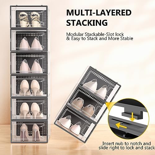 12 Pack Large Stackable Clear Plastic Shoe Storage Boxes Organizer, Black - Image 3