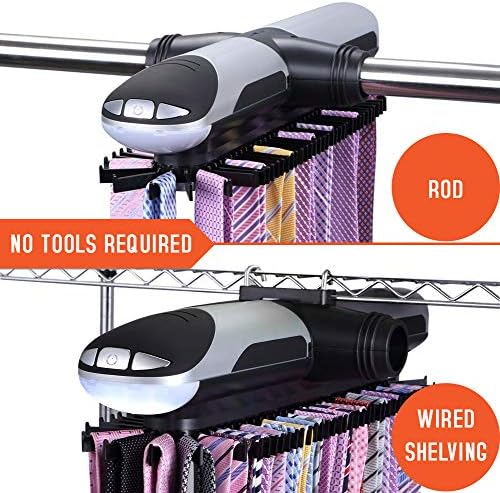 Motorized Tie Rack Closet Organizer with LED Lights Includes J Hooks for Wired Shelving Or Rod Stores Up to 72 Ties & 8 Belts Automatic Rotation Operates with Batteries - Image 4