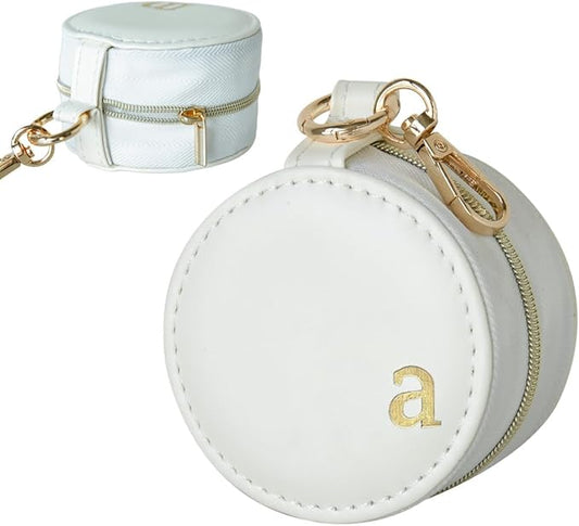 COLLECTIVE HOME - Monogrammed Letter Jewelry Case, Portable Travel Ring Holder Box with Keychain, Personalized Initial Organizer for Earrings Necklaces, Gift for Her (White-a)