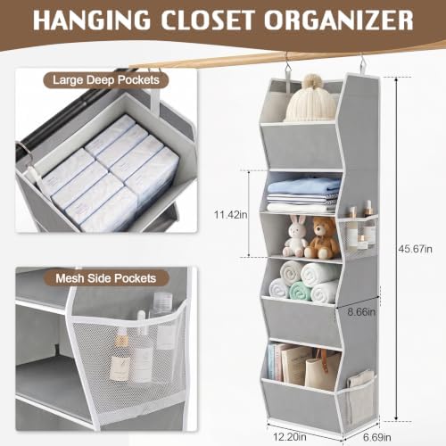5-Shelf Hanging Closet Organizer, Trapezoid Closet Organizers and Storage with Side Pockets Space-Saving Hanging Clothes Shelves Fabric Storage Bins for Wardrobe Organization, Grey - Image 3