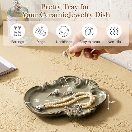 Ceramic Ring Dish, Jewelry Tray, Jewelry Dish, Cute Trinket Tray, Ceramic Trinket Dish, Small Key Bowl, Aesthetic Nightstand Organizer for Keys Coins, Trinket Tray for Vanity, Gift for Mom, Green - Image 2