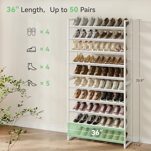 Nunsino Shoe Rack,10 Tier Metal Shoe Organizer,Max Holds 50 Pairs,Heavy Duty Shoes Shelf for Garage, Entryway, Closet,White - Image 3