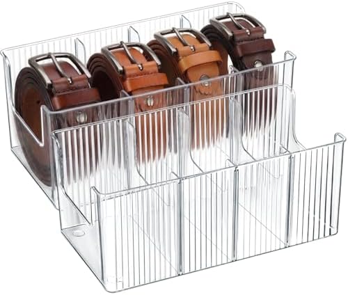 Junkin 2 Pcs Acrylic Belt Organizer with Adjustable 4 Compartments Clear Stackable Belt Holder for Men Leather Belts Storage Box for Closet Drawer Organization Multi-Purpose Display Bin with Inserts by Junkin