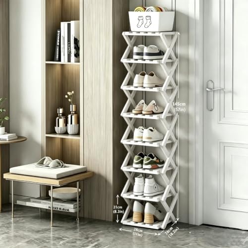 8 Tier Foldable Shoe Rack, Bamboo Vertical Shoe Organizer Tall for Multifunctional Narrow Shoe Shelf for Entryway, Closet, Corner, Bedroom, Hallway(White) - Image 2