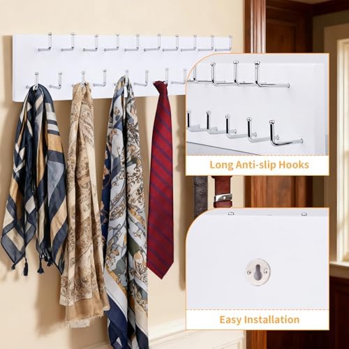Belt Organizer Holder Wooden Belt Hanger for Closet Wall Mount Belt Storage Rack Tie Bra Scarf Hanger Holds Over 40 Large Belts (White) - Image 2