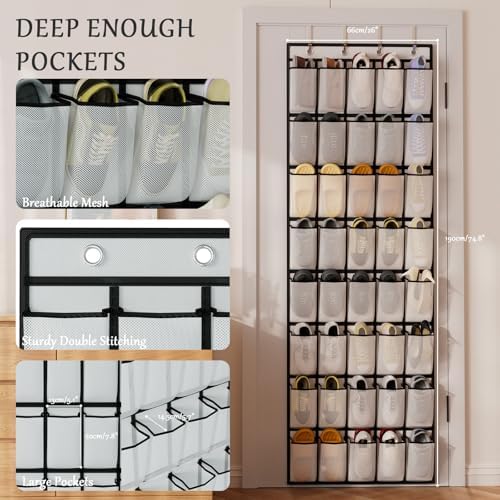homyfort Over the Door Shoe Organizer, 40 Large Breathable Mesh Pocket,Space Saving Hanging Shoe Rack,Shoe Storage Holder for Entryway Bedroom Closet - Image 3