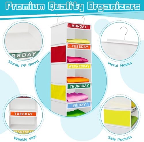 Amylove 2 Pcs 7 Shelf Weekly Clothes Organizer for Kids Hanging Closet Organizer 11. 8 x 11. 8 x 50 Inches Daily Activity Kids Clothes Storage Drawers Cube Drawers Closet Hanging Shelves(White) - Image 3