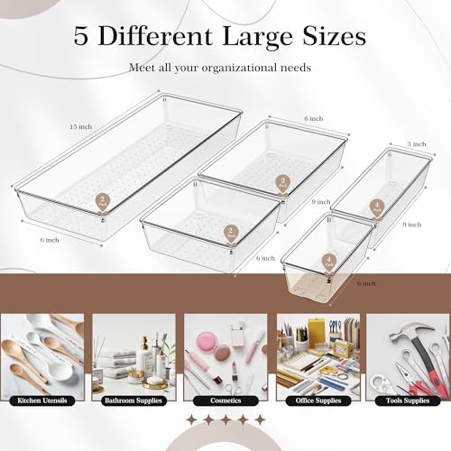 Criusia 14 PCS Clear Plastic Drawer Organizer Set - 5 Large Size Versatile Kitchen and Bathroom Organizer Trays, Non-Slip Storage Bins for Makeup, Utensils, Tool and Office Desk - Image 2