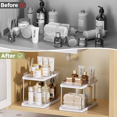 Delamu 2-Tier Bathroom Under Sink Organizers and Storage, Pull Out Cabinet Drawers with Anti-Slip Design, Multi-Purpose Storage for Kitchen, Pantry, Bathroom & Home Organization, White, 4 Pack - Image 6