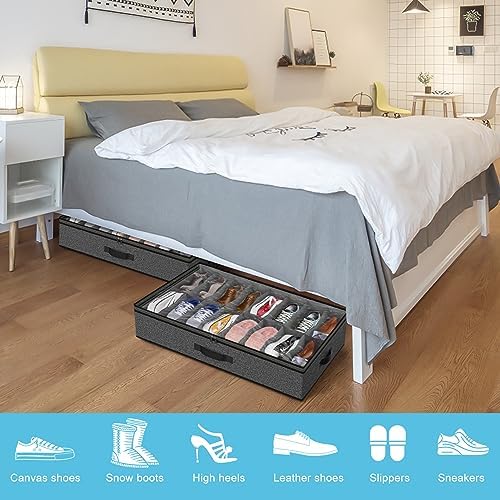Under Bed Shoe Storage Organizer for Closet, 24 Pairs Sturdy Underbed Shoe Storage Boxes Bins Container Foldable Shoes Storage with Reinforced Handles & Clear Window for College Dorms Grey, Set of 2 - Image 2