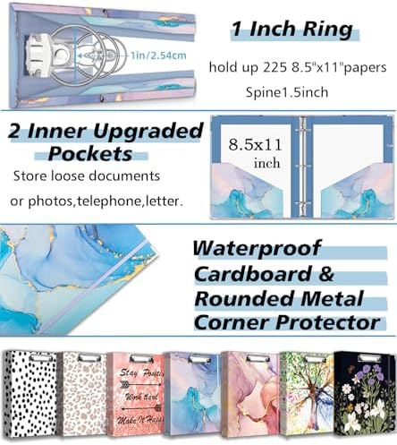 1 Inch 3 Ring Binder Organizer with Clipboard, 5-Tab Pockets Dividers, Clear Folder, 18 Divider Stikers, BVSSX Decorative Three Ring Binder with Pen Loop, Elastic Strap (Blue Marble,Letter Size) - Image 4